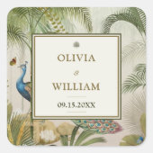 Square Tropical Peacock Palm Wedding Sticker Label (Vorderseite)