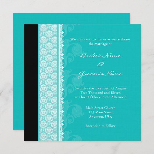 Square Turquoise Damask Hochzeitseinladungen Einladung (Vorne/Hinten)