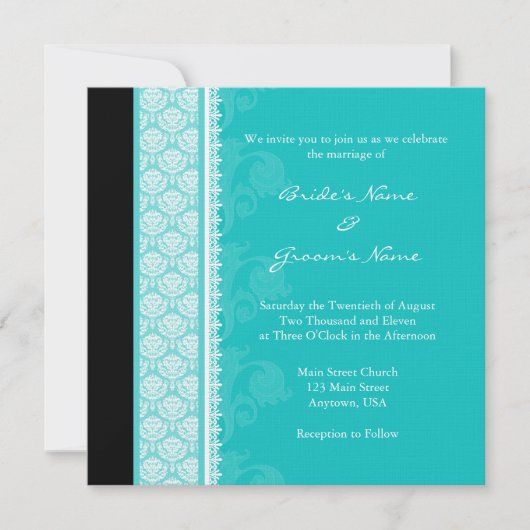Square Turquoise Damask Hochzeitseinladungen Einladung (Vorderseite)