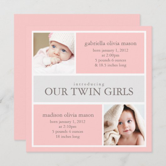 Square Twins Collage | Geburtsankündigung Ankündigung (Vorne/Hinten)