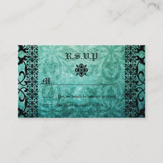 Square Verziert Green Damask Gothic Wedding RSVP Begleitkarte (Vorderseite)