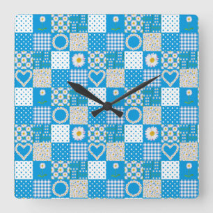 Square Wall Clock: Daisy Chains, Imitate Patchwork Quadratische Wanduhr