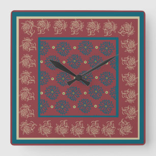 Square Wall Clock, Maroon, Blue Floral Quadratische Wanduhr