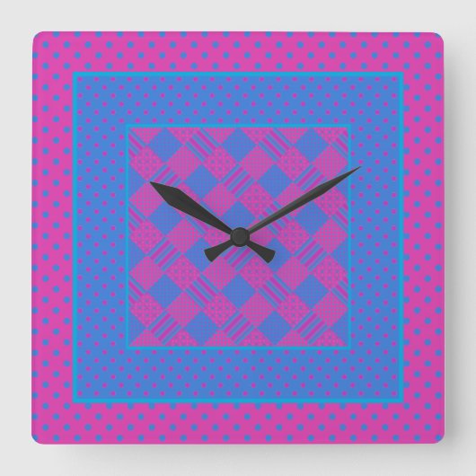 Square Wall Clock Mix'nMatch Magenta Blaues Muster Quadratische Wanduhr (Vorderseite)