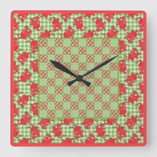 Square Wall Clock: Rote Drachen auf Green Gingham Quadratische Wanduhr (Vorderseite)