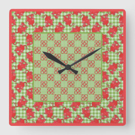 Square Wall Clock: Rote Drachen auf Green Gingham Quadratische Wanduhr