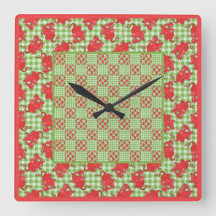 Square Wall Clock: Rote Drachen auf Green Gingham Quadratische Wanduhr