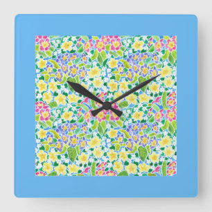 Square Wall Clock, Spring Primroses, Sky Blue Quadratische Wanduhr