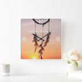 Square Wall Clock Sunset Pink Sun Dreamcatcher Quadratische Wanduhr (Zuhause)