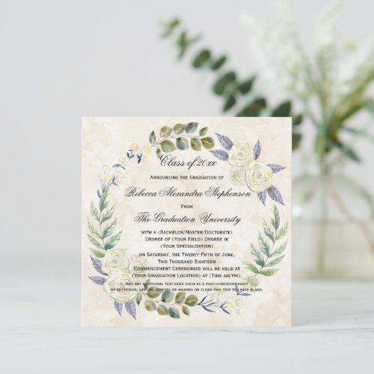 Square Watercolor Blumen Wreath Uni-Abschluss Einladung (Stehend Vorderseite)