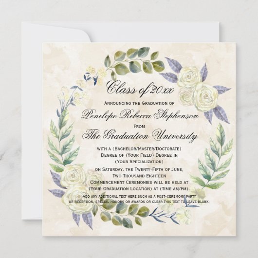 Square Watercolor Blumen Wreath Uni-Abschluss Einladung (Vorderseite)