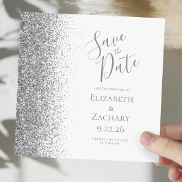 Square White Silver Glitzer Save the Date Ankündigung