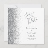 Square White Silver Glitzer Save the Date Ankündigung (Vorderseite)