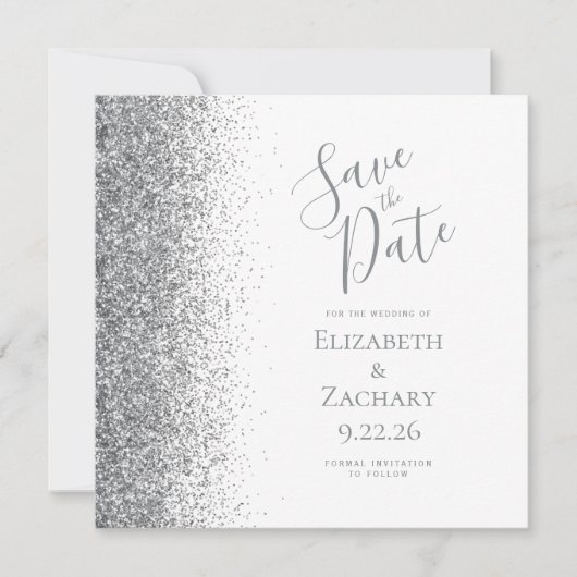 Square White Silver Glitzer Save the Date Ankündigung (Vorderseite)