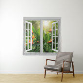 Square White Window with Tropical Scenic View Wandteppich (Beispiel)