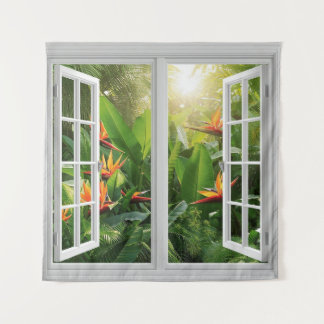 Square White Window with Tropical Scenic View Wandteppich