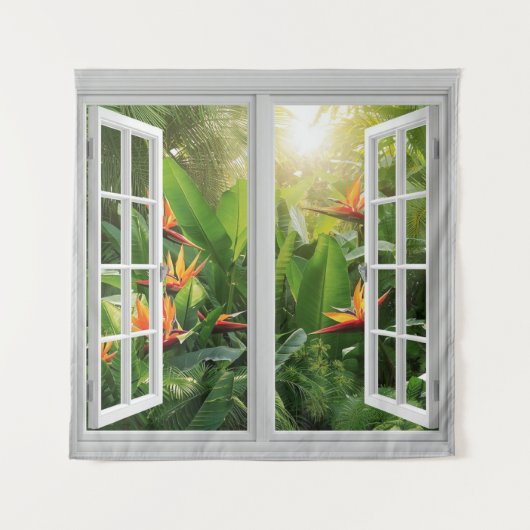 Square White Window with Tropical Scenic View Wandteppich (Vorderseite)