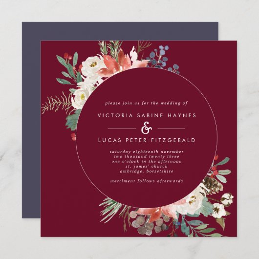 Square Winter Berry Floral Wedding Einladung (Vorne/Hinten)