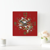 Square Winter Robin Bird House Wall Clock Quadratische Wanduhr (Zuhause)