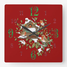 Square Winter Robin Bird House Wall Clock