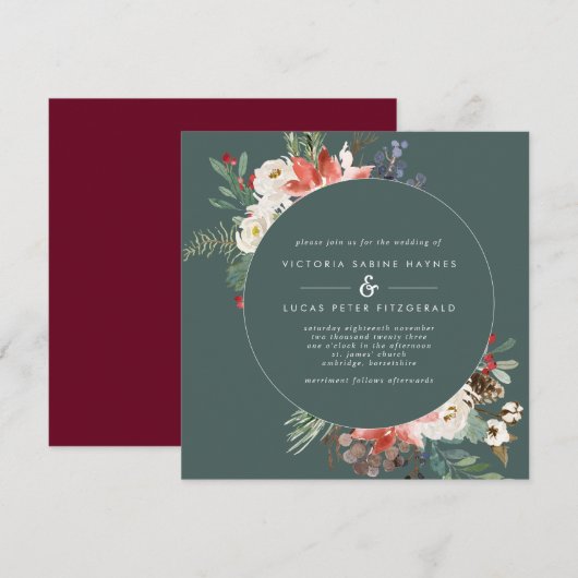 Square Winter Sage & Marsala Floral Wedding Einladung (Vorne/Hinten)