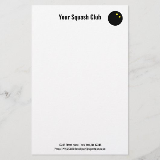Squash Club Schreibwaren mit gelbem Punkkugel Logo Briefpapier (Vorderseite)