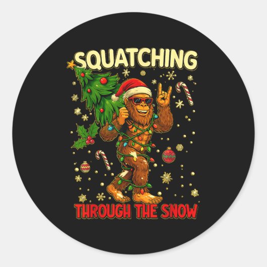Squatching Through The Snow Funny Bigfoot Xmas Lig Runder Aufkleber (Vorderseite)