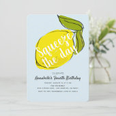Squeeze den Day Lemon Citrus Blue Geburtstag Einladung (Stehend Vorderseite)