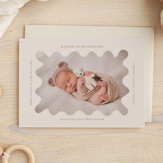 Squiggg Wavy Beige Rahmen Birth Announcement Foto Ankündigung