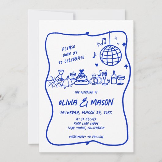 Squiggle Hand Gezeichnet Moderne Doodle Blue Weddi Einladung (Vorderseite)