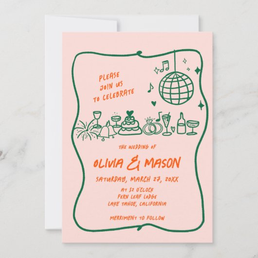 Squiggle Hand Gezeichnet Moderne Doodle Pink Hochz Einladung (Vorderseite)