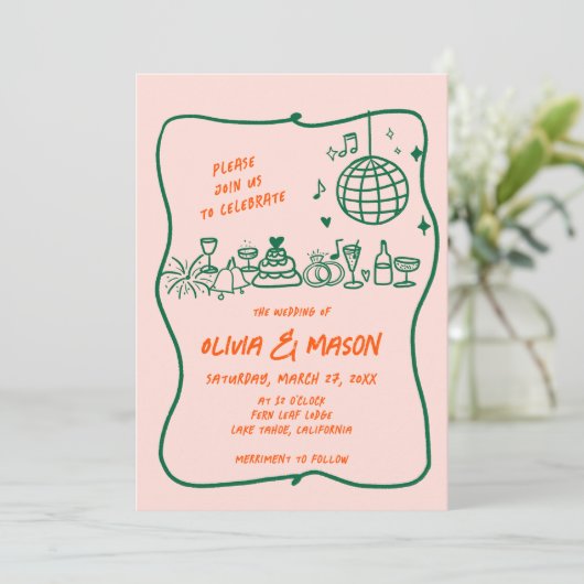 Squiggle Hand Gezeichnet Moderne Doodle Pink Hochz Einladung (Stehend Vorderseite)