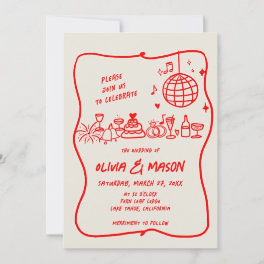 Squiggle Hand Gezeichnet Moderne Doodle Red Ecru H Einladung (Vorderseite)