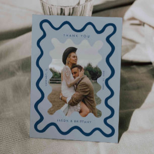 Squiggly Hand Drawn Line Navy Blue Wedding Foto Dankeskarte