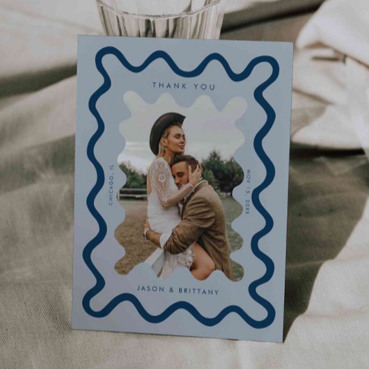Squiggly Hand Drawn Line Navy Blue Wedding Foto Dankeskarte