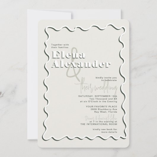 Squiggly Wavy Green UAWG QR Code Wedding Einladung (Vorderseite)