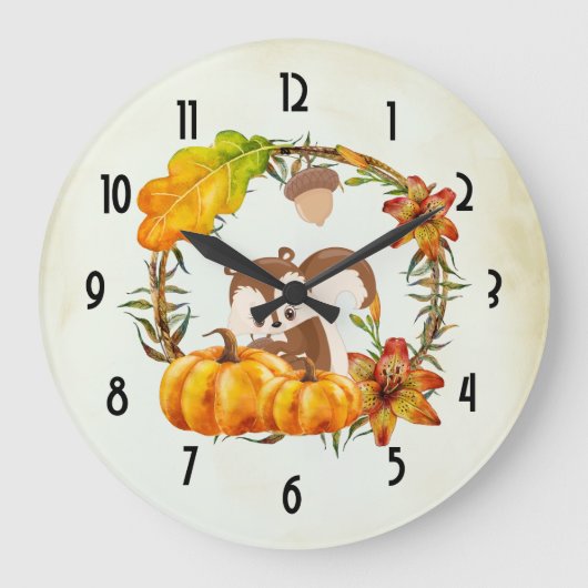 Squirrel and Pumpkins Rustic Wreath Große Wanduhr (Vorderseite)