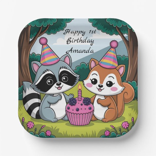 Squirrel and Raccoon cute Birthday Pappteller (Vorderseite)