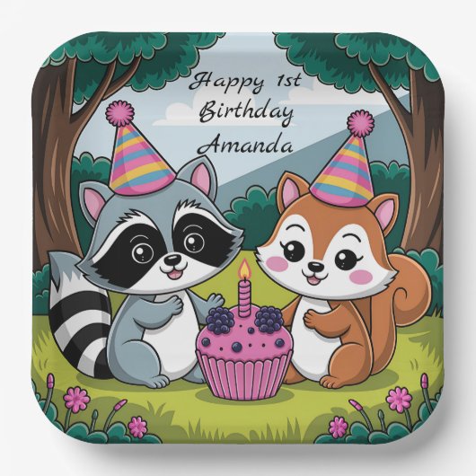 Squirrel and Raccoon cute Birthday Pappteller (Vorderseite)
