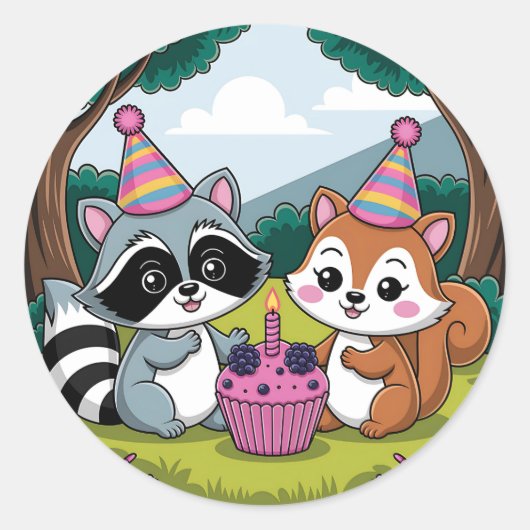 Squirrel and Raccoon cute Birthday Runder Aufkleber (Vorderseite)