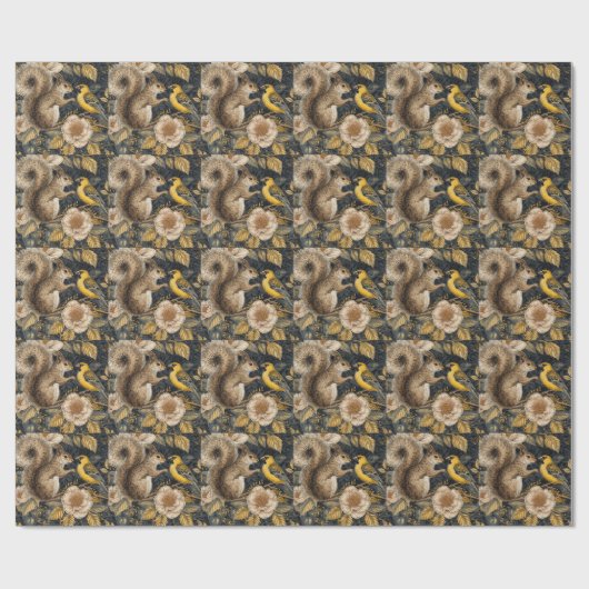 Squirrel and Yellow Canary with Flowers Pattern Geschenkpapier (Flach)