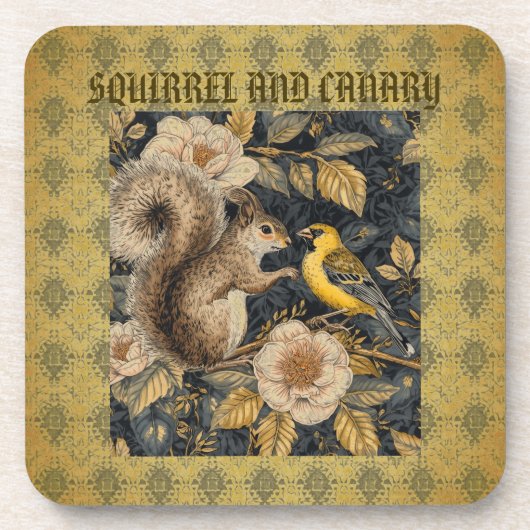 Squirrel and Yellow Canary with Flowers Pattern Getränkeuntersetzer (Vorderseite)