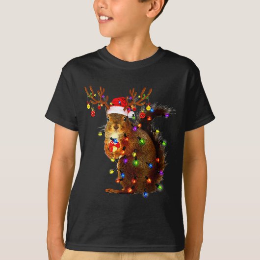 Squirrel Christmas Tree Lights Reindeer Santa Hat T-Shirt (Vorderseite)