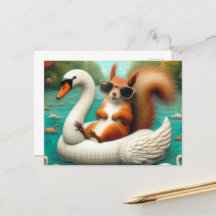 Squirrel on Floating Swan Funny Summer Vacation