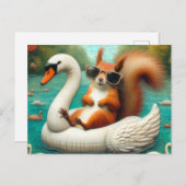 Squirrel on Floating Swan Funny Summer Vacation Postkarte (Vorne/Hinten)