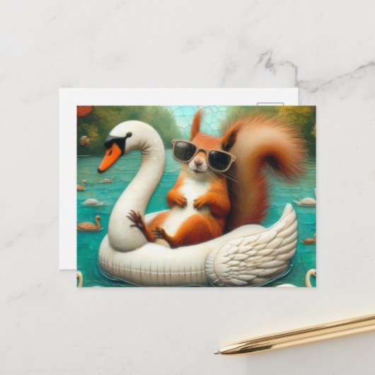 Squirrel on Floating Swan Funny Summer Vacation Postkarte (Vorderseite/Rückseite Beispiel)