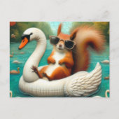 Squirrel on Floating Swan Funny Summer Vacation Postkarte (Vorderseite)