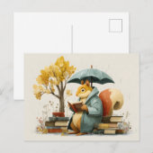 Squirrel Reading Books Under an Umbrella Postkarte (Vorne/Hinten)