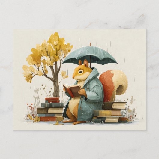 Squirrel Reading Books Under an Umbrella Postkarte (Vorderseite)