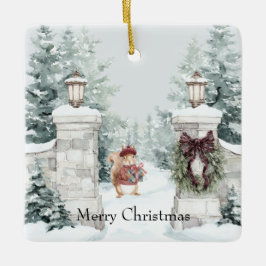 Squirrel Red Coat Snow Christmas Keramikornament